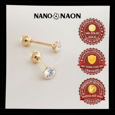 [LINK MỚI] Khuyên tai Vàng 14K Hàn Quốc viền bo tròn đá 2.5mm - 3mm - Nano&Naon
