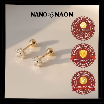 [Nano&Naon] Khuyên tai Vàng 14K Hàn Quốc hoa 5 cánh đính đá 1043 - Nano&Naon