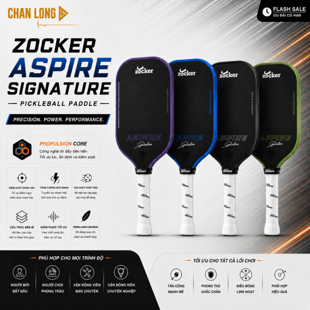 [ZOCKER] Vợt Pickleball Zocker Aspire Signature Chính Hãng – (tặng cuốn cán, dán viền)