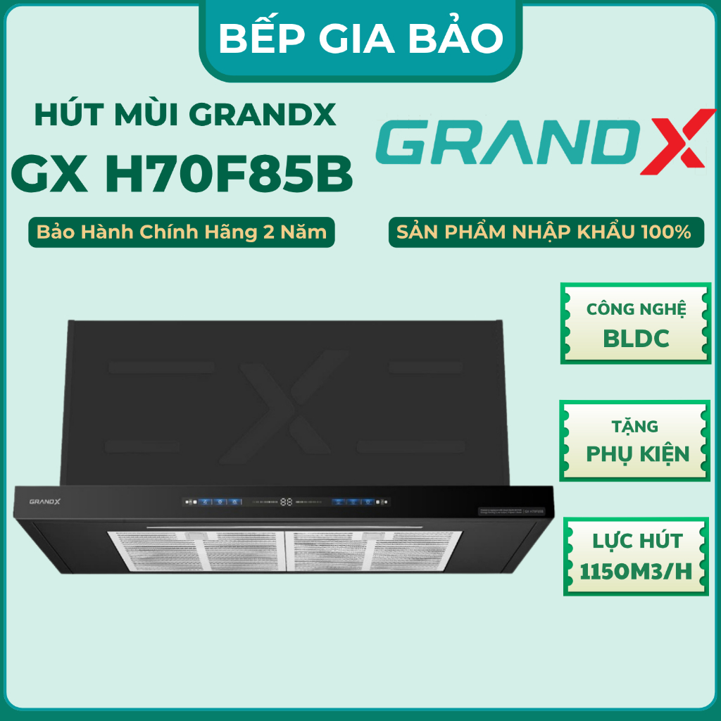 Máy hút mùi âm tủ GrandX GX H70F85B l GX H70F85G - Động cơ Inverter BLDC, Công suất hút: 1150m3/h.