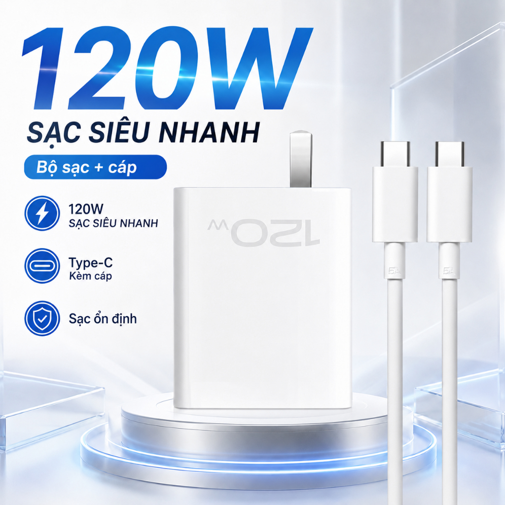 Bộ sạc siêu nhanh 120W kèm cáp USB-C sang USB-C, chuyên dùng cho vivo/iQOO Type-C hỗ trợ công suất 1