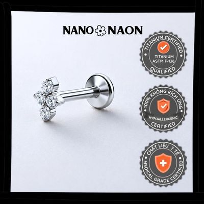 [Nano&Naon] Khuyên tai Titanium ASTM-F136 chuẩn cấy ghép 4 đá trắng - Nano&Naon