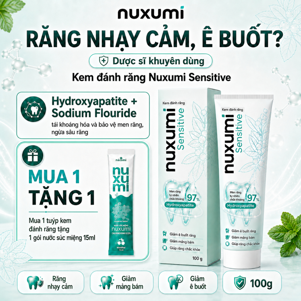Kem Đánh Răng Nuxumi Sensitive, Sạch Mảng Bám, Tái Khoáng Men Răng, Bảo Vệ Nướu 100g