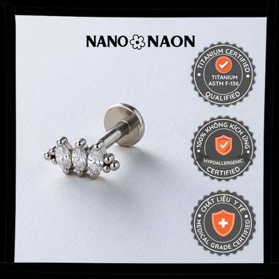 [Nano&Naon] Khuyên tai Titanium ASTM-F136 chuẩn cấy ghép 3 đá 8080 - Nano&Naon