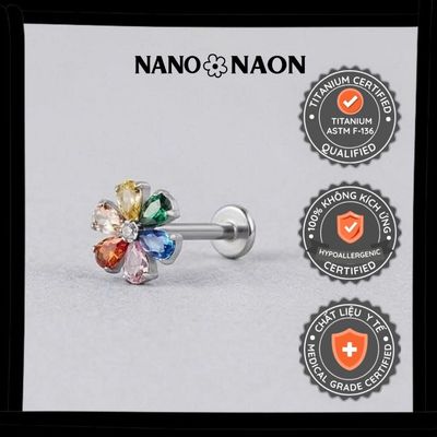 [Nano&Naon] Khuyên tai Titanium ASTM-F136 chuẩn cấy ghép hoa đá cầu vồng - Nano&Naon