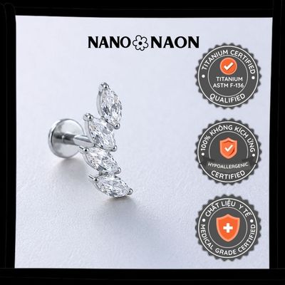 [Nano&Naon] Khuyên tai Titanium ASTM-F136 chuẩn cấy ghép đính 4 đá 8100 - Nano&Naon