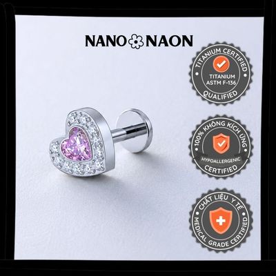 [Nano&Naon] Khuyên tai Titanium ASTM-F136 chuẩn cấy ghép tim đá hồng - Nano&Naon