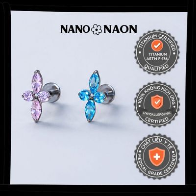 [Nano&Naon] Khuyên tai Titanium ASTM-F136 chuẩn cấy ghép đính đá - Nano&Naon