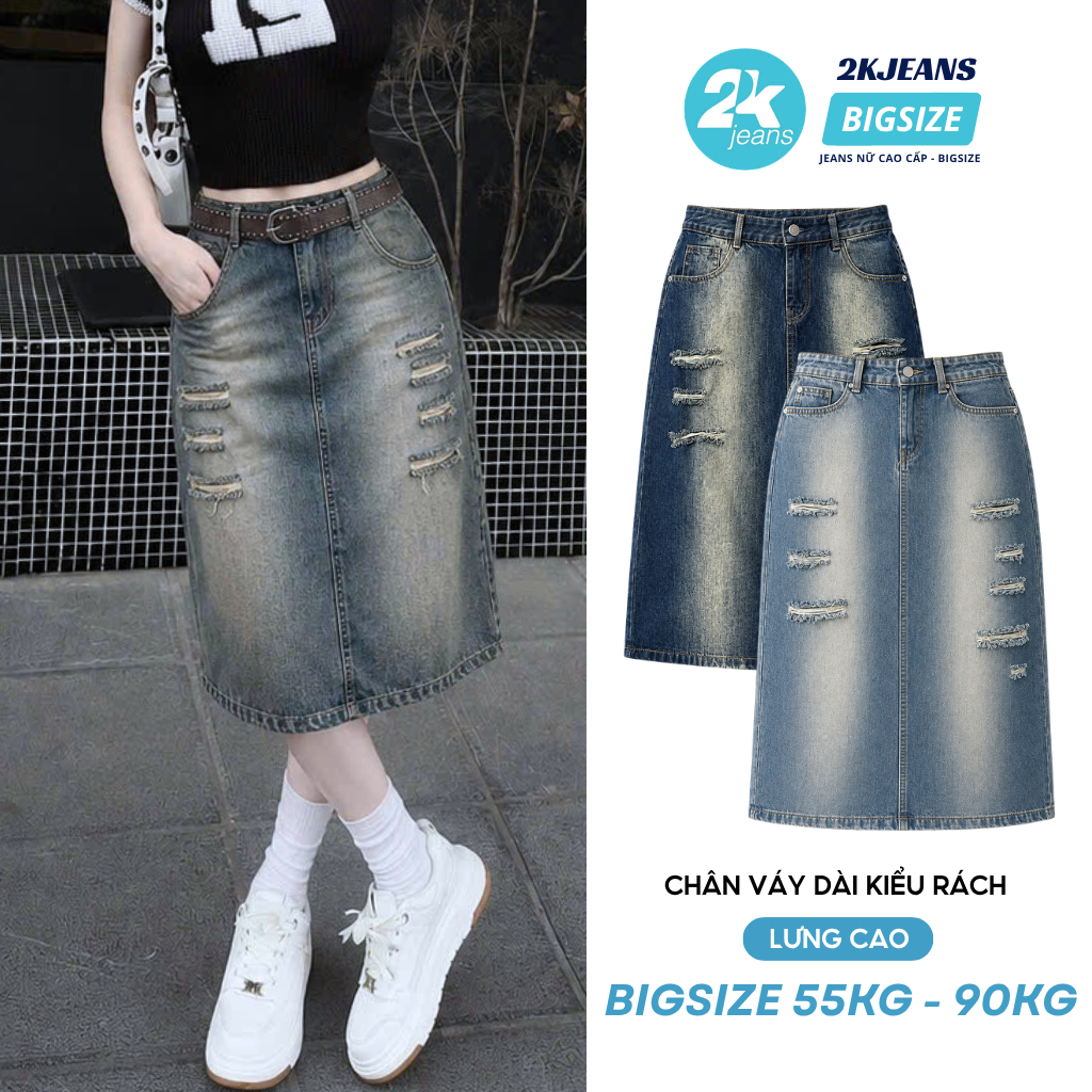 Chân Váy Jeans Dài Xẻ Tà Sau Phối Rách Cách Điệu Bigisize Tôn Dáng Dài 75 - 80Cm QC435 2KJeans