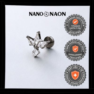 [Nano&Naon] Khuyên tai Titanium ASTM-F136 chuẩn cấy ghép đính 4 đá - Nano&Naon