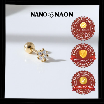 [Nano&Naon] Khuyên tai Vàng 14K Hàn Quốc 4 cánh đá nhí 1050- Nano&Naon
