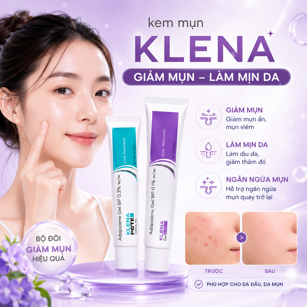 Kem mụn Klena Forte, gel giảm mụn thành phần Adapalene 0.1, 0.3 hỗ trợ giảm mụn ẩn, mụn trứng cá, mờ