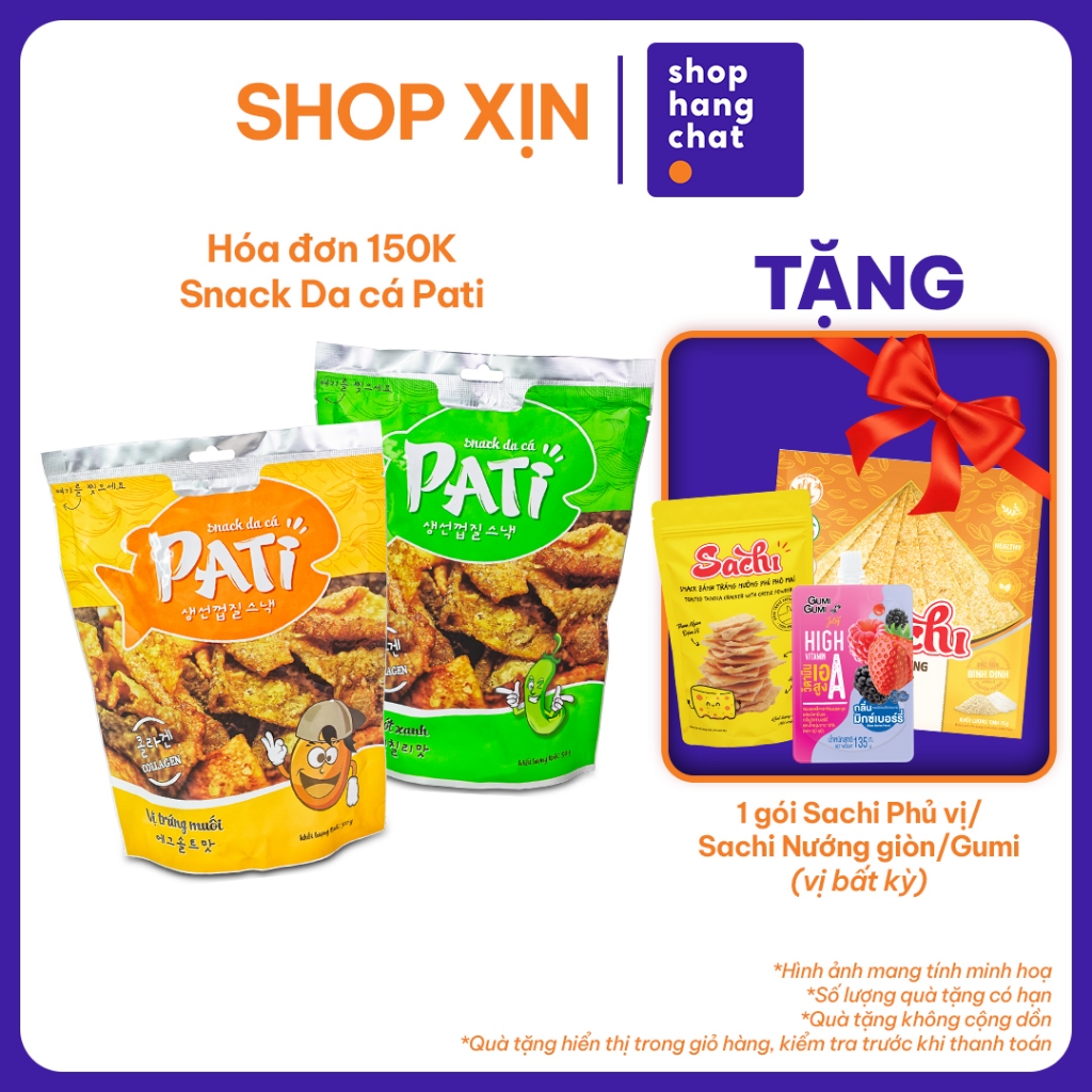 [Đơn 150k Tặng 1 gói Sachi PV/Sachi NG/Gumi] Snack Da Cá PATI Chiên Giòn Vị Ớt Xanh/ Trứng Muối (Gói