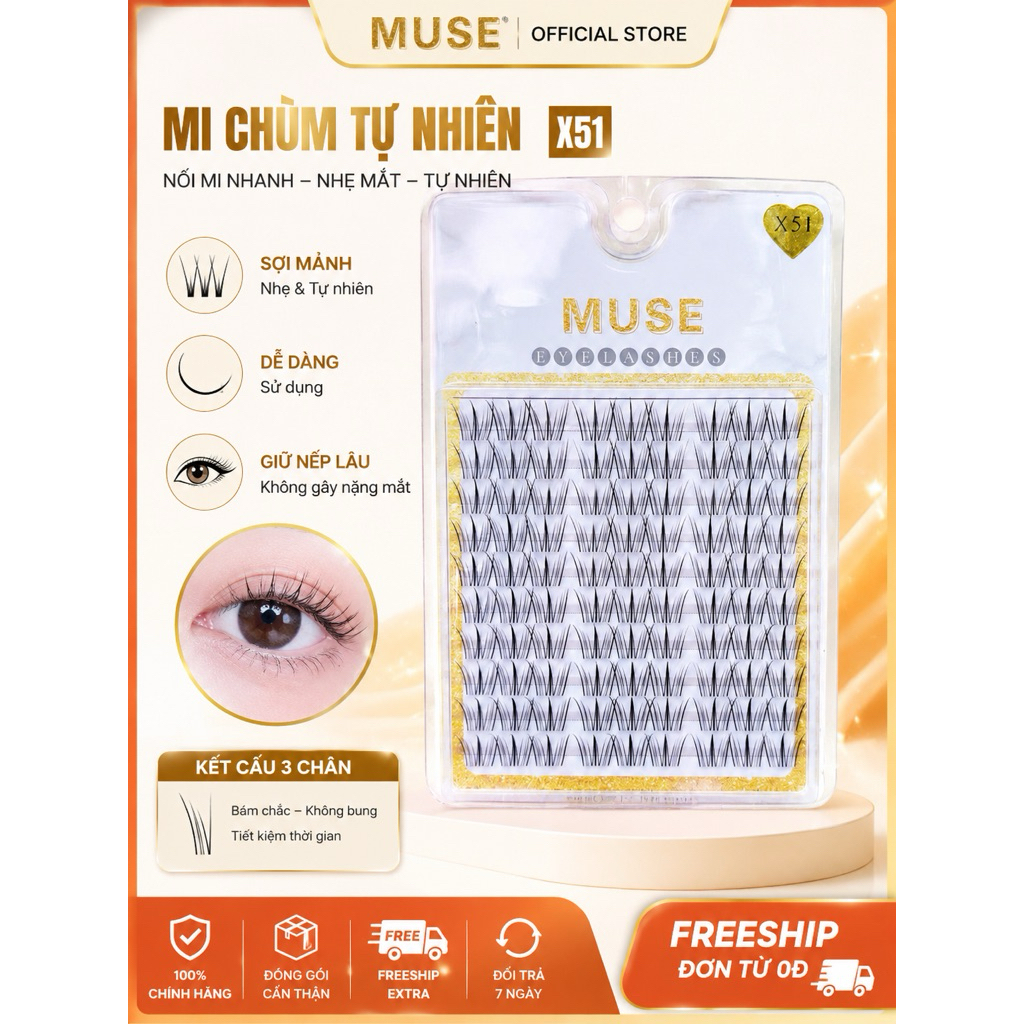 Mi Chùm Muse X51 – Mi Cụm 3 Chân Tự Nhiên, Nối Mi Nhanh, Mềm Nhẹ, Dễ Gắn