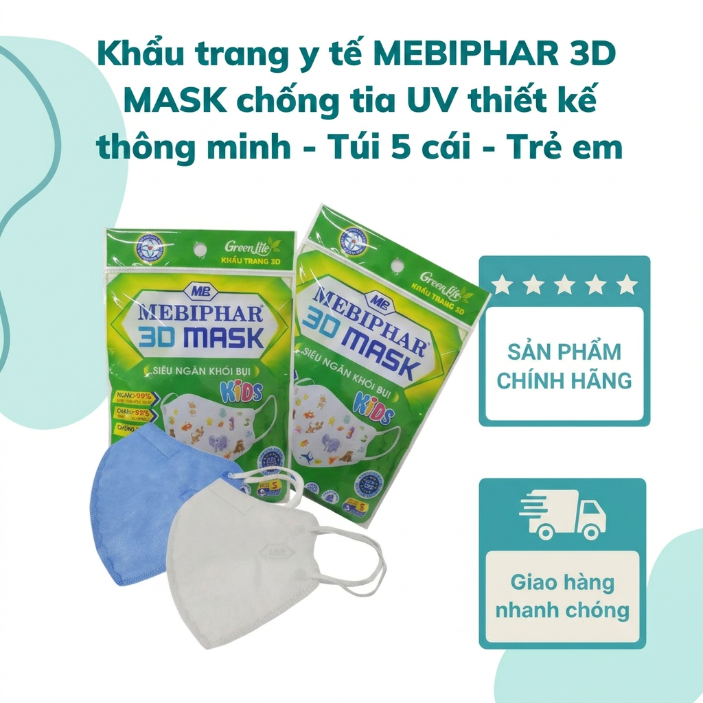 Khẩu trang 3D Mebiphar trẻ em – Form ôm nhẹ, thoáng khí & dễ thở – Serenys