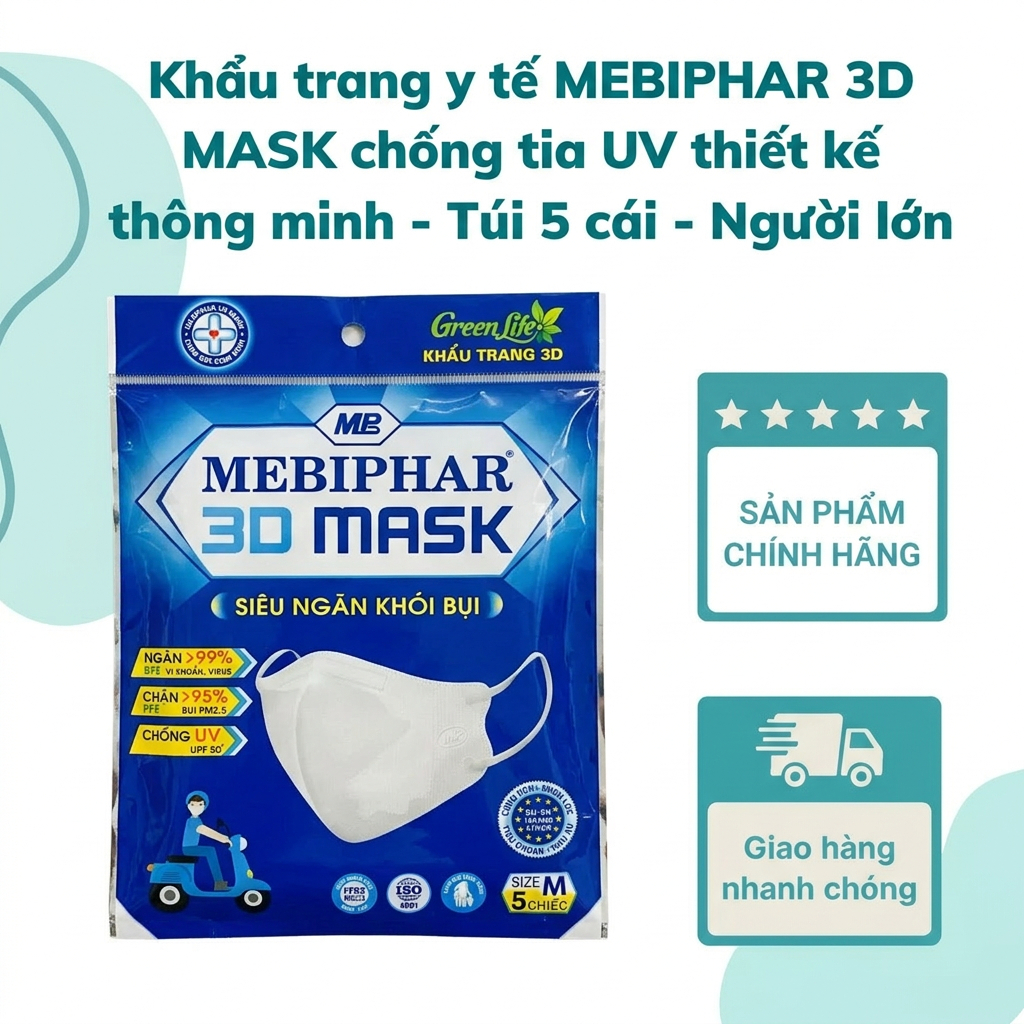 Khẩu Trang 3D Mask Mebiphar Người Lớn Kháng Khuẩn Lọc Bụi PM2.5 Thoáng Khí