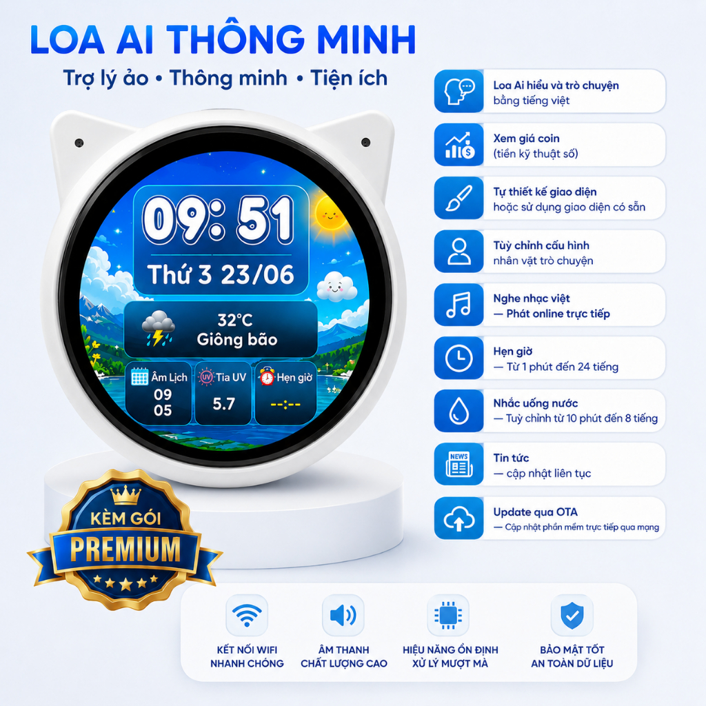 Loa Ai Văn Phòng - EchoEar Đồng hồ kết hợp Loa Ai - Hẹn Giờ - Trò chuyện tiếng việt bằng giọng nói