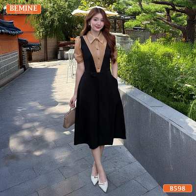Đầm thiết kế BEMINE cổ sơ mi giả yếm dáng chữ A phù hợp đi làm-B598