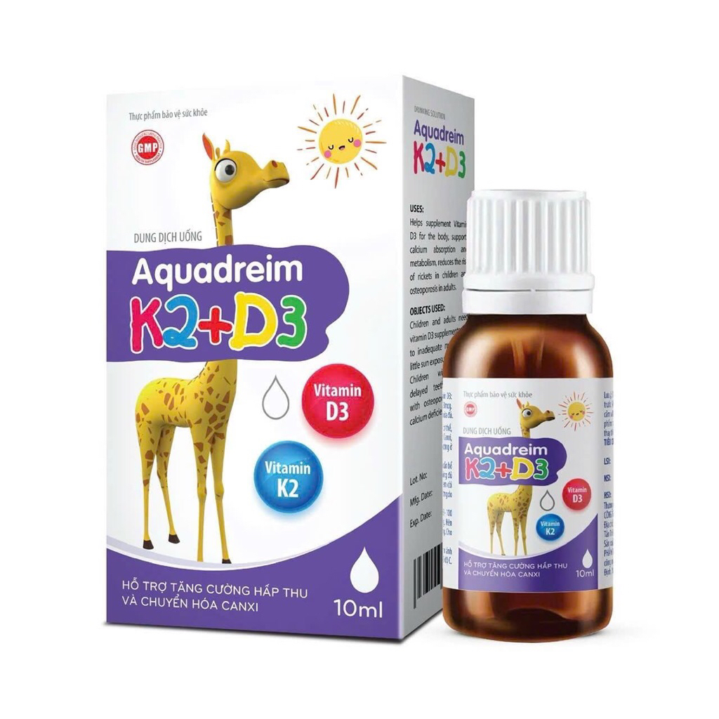Dung dịch uống Aquadreim K2+D3 (Chai 10ml) Bổ sung Vitamin D3 và K2 để tăng hấp thu canxi, phát triể