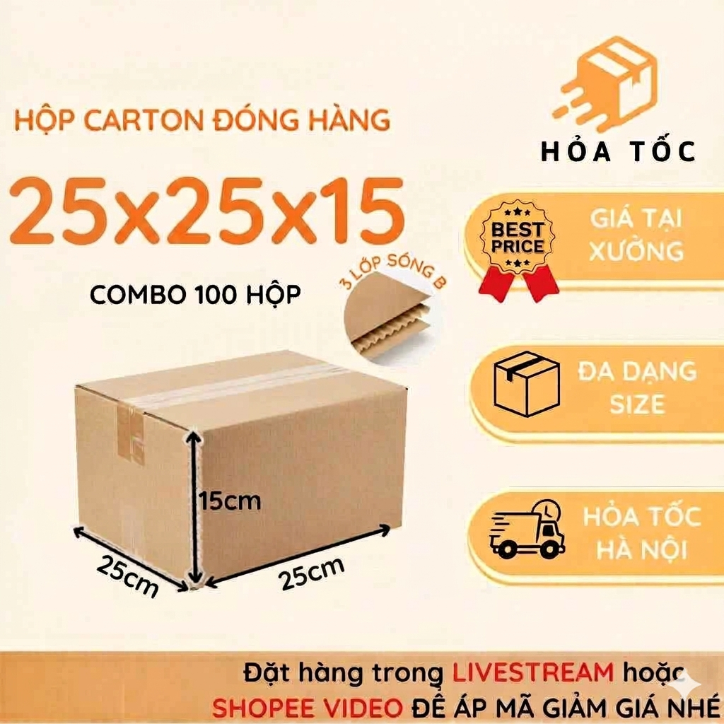 [COMBO] 100 Hộp carton 25x25x15 hộp hỏa tốc, đóng hàng siêu nhanh