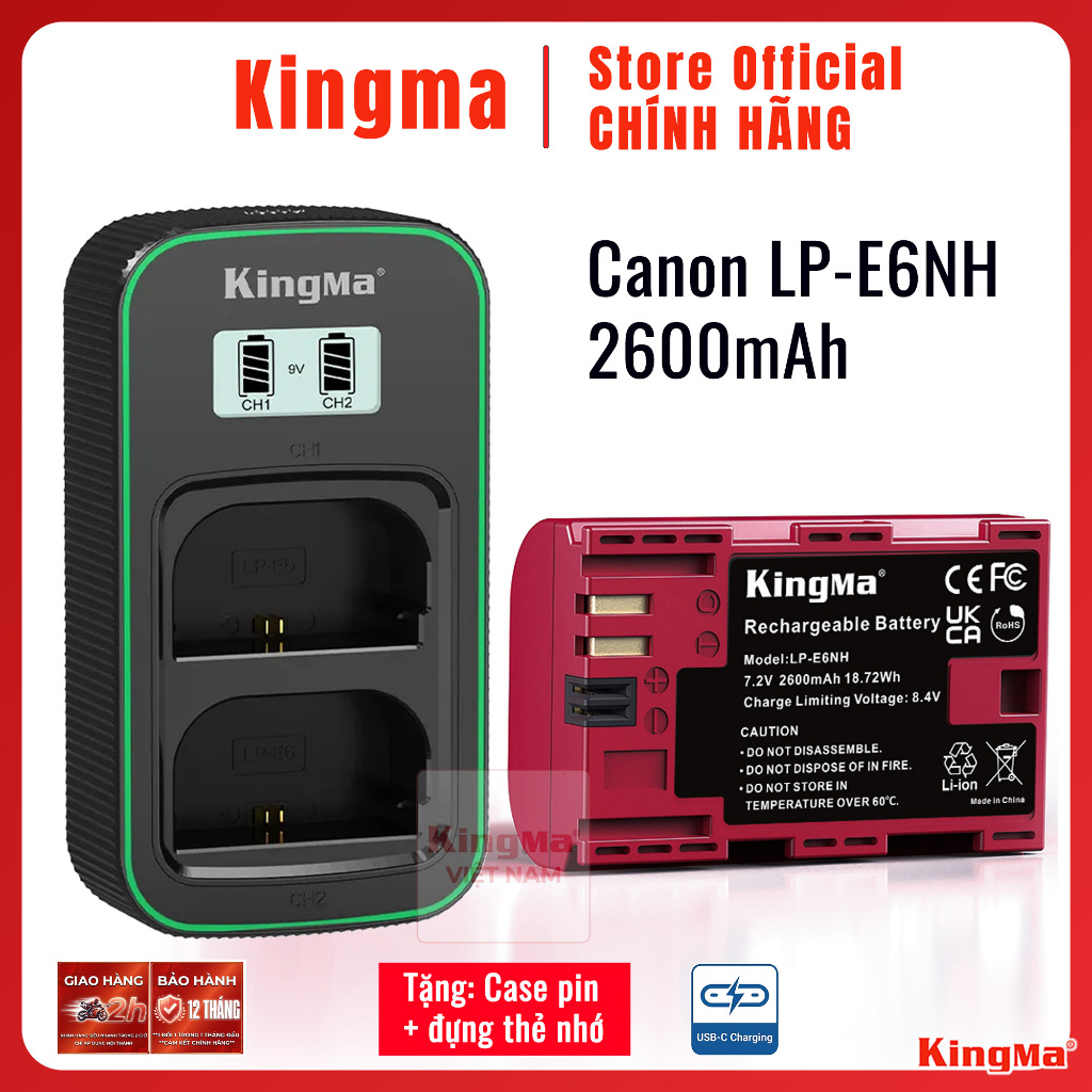 Kingma Canon LP-E6NH 2600mAh | Pin và sạc máy ảnh cho Canon EOS R R52 R6 R5 5D2 5D3 5D4 6D 6D2 7D 70