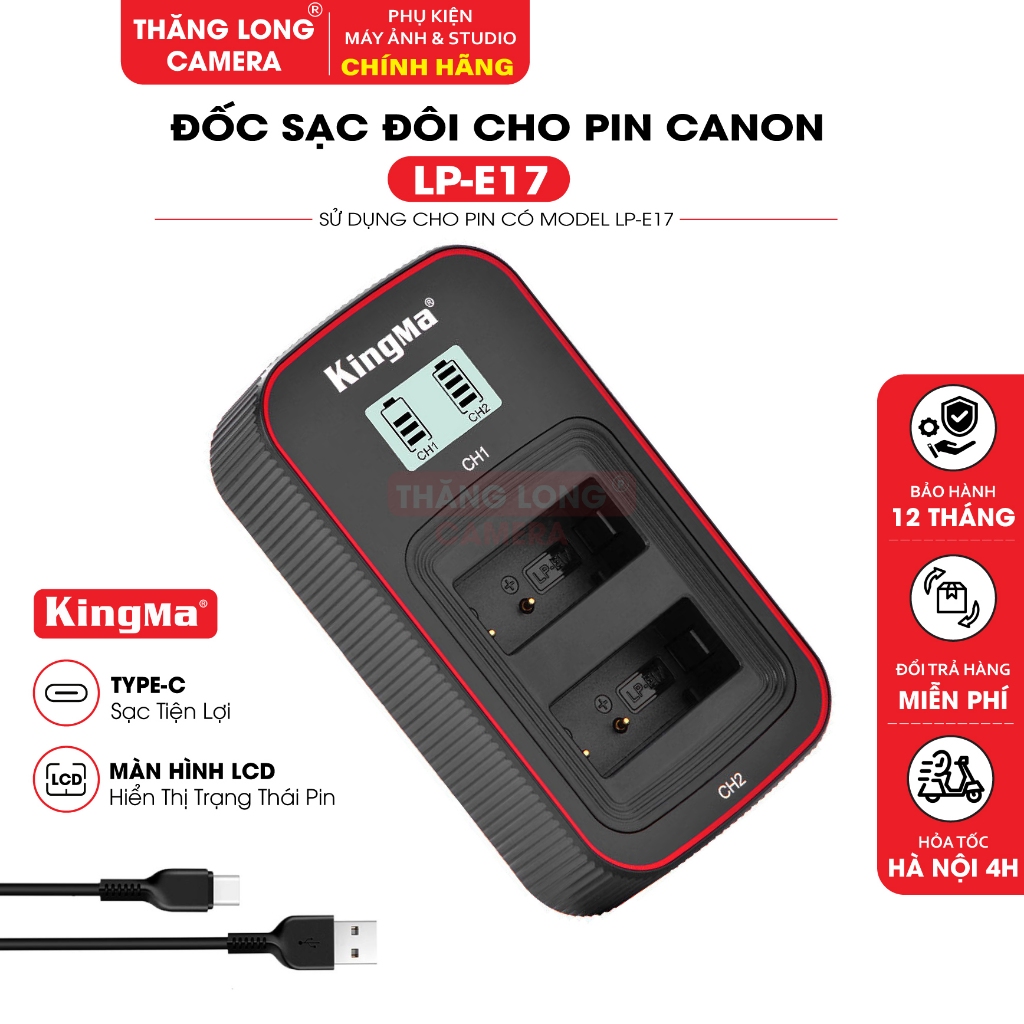 Sạc Đôi KingMa LP-E17 LCD Type-C Cho Pin Canon LP-E17 - Sạc  2 Pin Hiển Thị LCD, Cổng USB-C