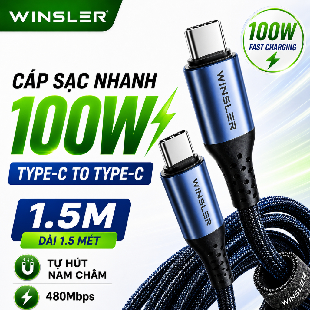 Cáp sạc nhanh Winsler Magnetic 100W C to C 1.5m bọc dù, từ tính dành cho Laptop MacBook Samsung iP