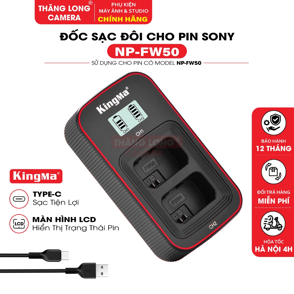 Sạc Đôi KingMa NP-FW50 LCD Type-C Cho Pin Sony NP-FW50 - Sạc 2 Pin Hiển Thị LCD, Cổng USB-C