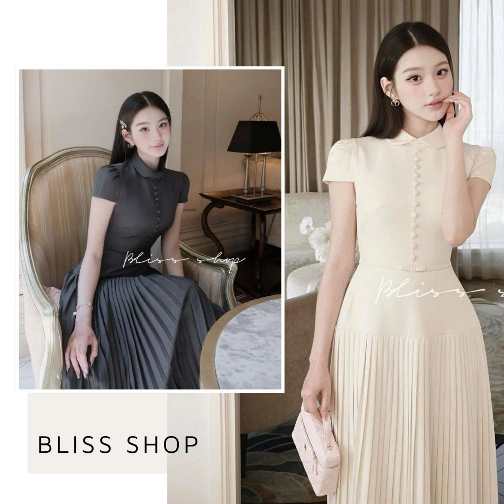 [Thiết Kế Cao Cấp] Đầm Váy Ren Form Dài Đính Cúc Xếp Ly Chiết  Eo Tiểu Thư Sang Trọng  Bliss Shop - 