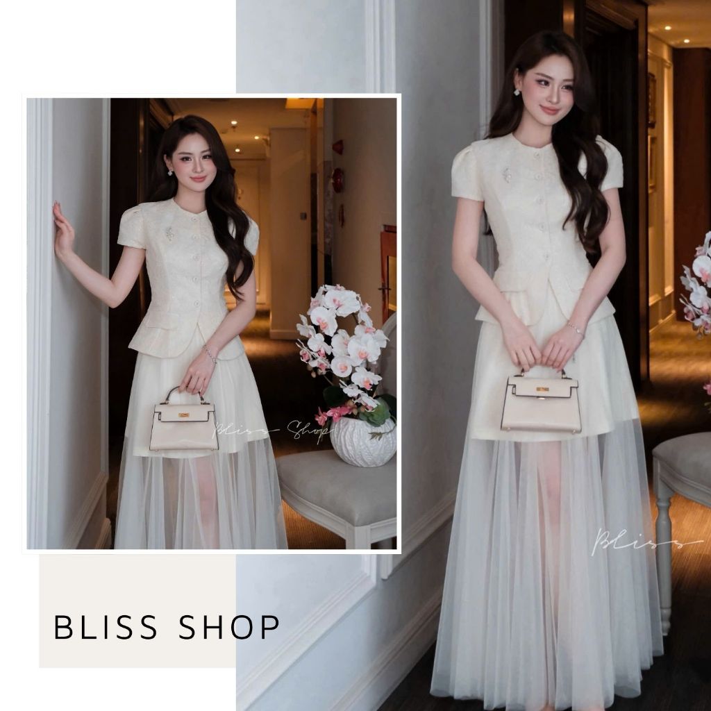 [Thiết Kế Cao Cấp] Set Áo Tay Ngắn Cổ Tròn Phối Chân Váy Dài Lưới Trẻ Trung Nữ Tính Bliss Shop - S90
