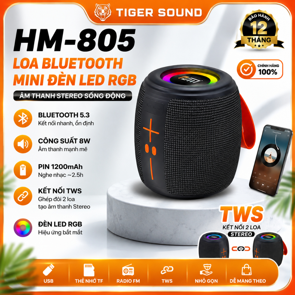 HM-805 Loa Bluetooth Mini Âm Thanh Mạnh Mẽ Bass Căng Đèn LED RGB Hỗ Trợ Kết…