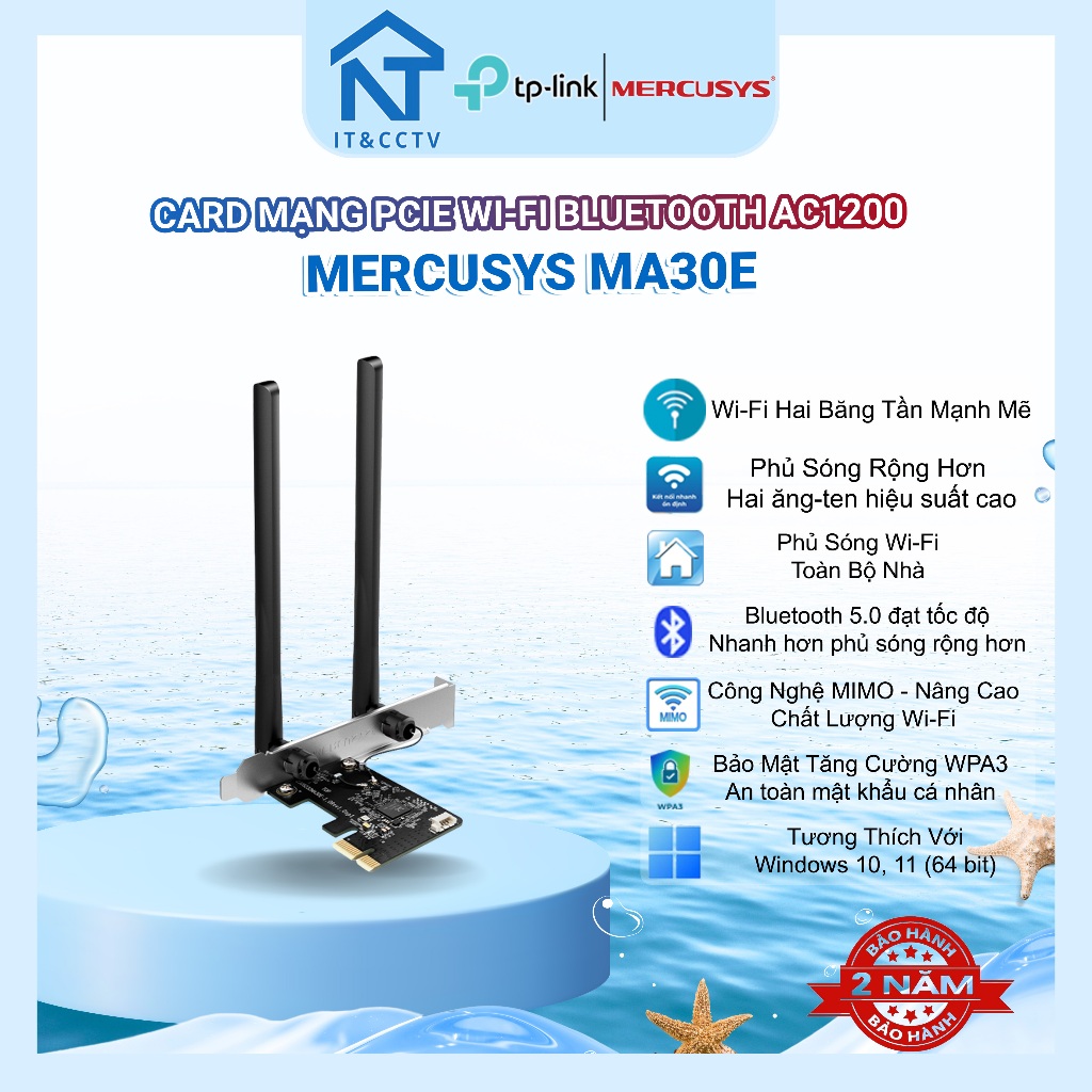 Mercusys MA30E Card Mạng PCIe WiFi AC1200 Bluetooth 5.0 Chuẩn AC Hai Băng Tần Cho PC Chính Hãng