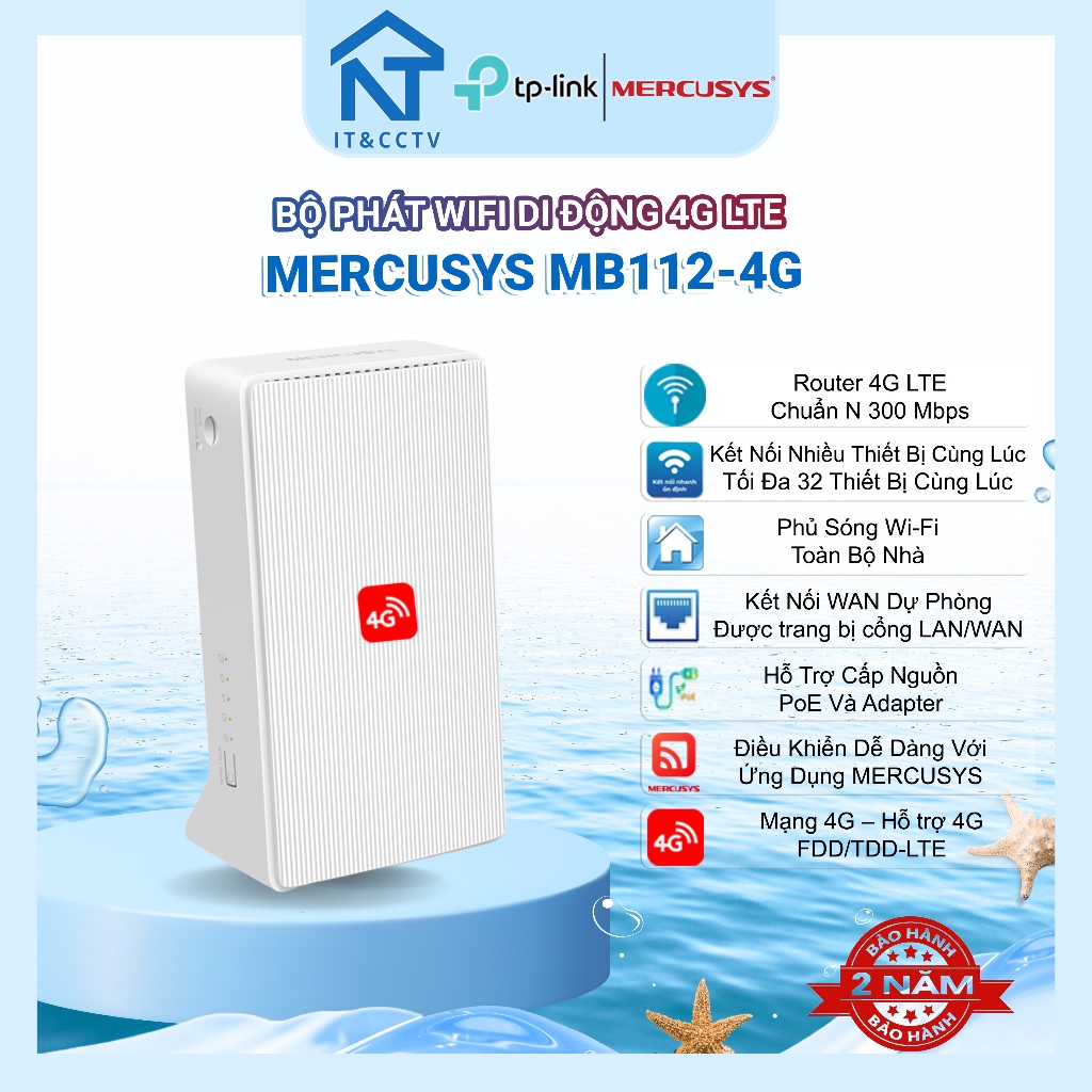 Mercusys MB112-4G Router WiFi 4G LTE 300Mbps Chuẩn N Bộ Phát WiFi Gắn SIM Chính Hãng