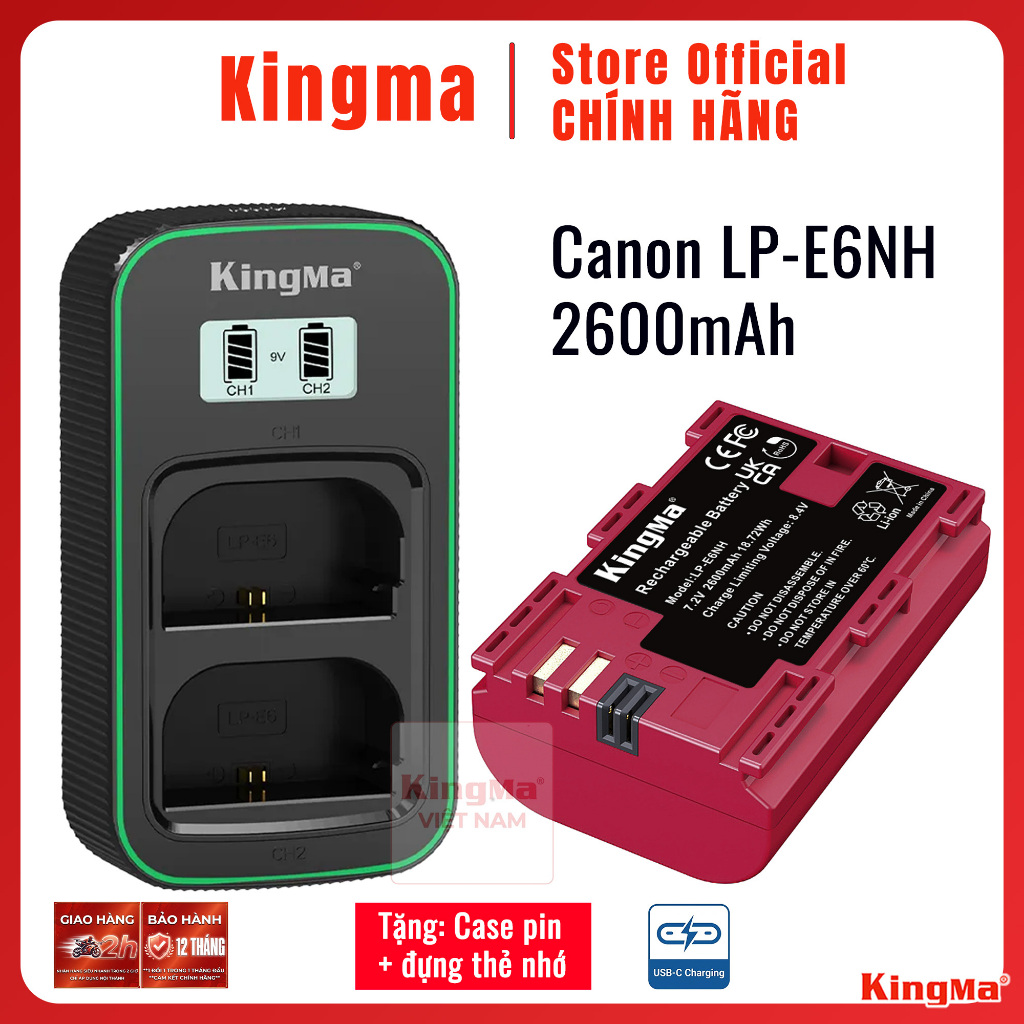 Kingma LP-E6NH 2600mAh | Pin và sạc máy ảnh cho Canon EOS R63 R52 R R52 R6 R5 5D2 5D3 5D4 5Ds 6D 6D2