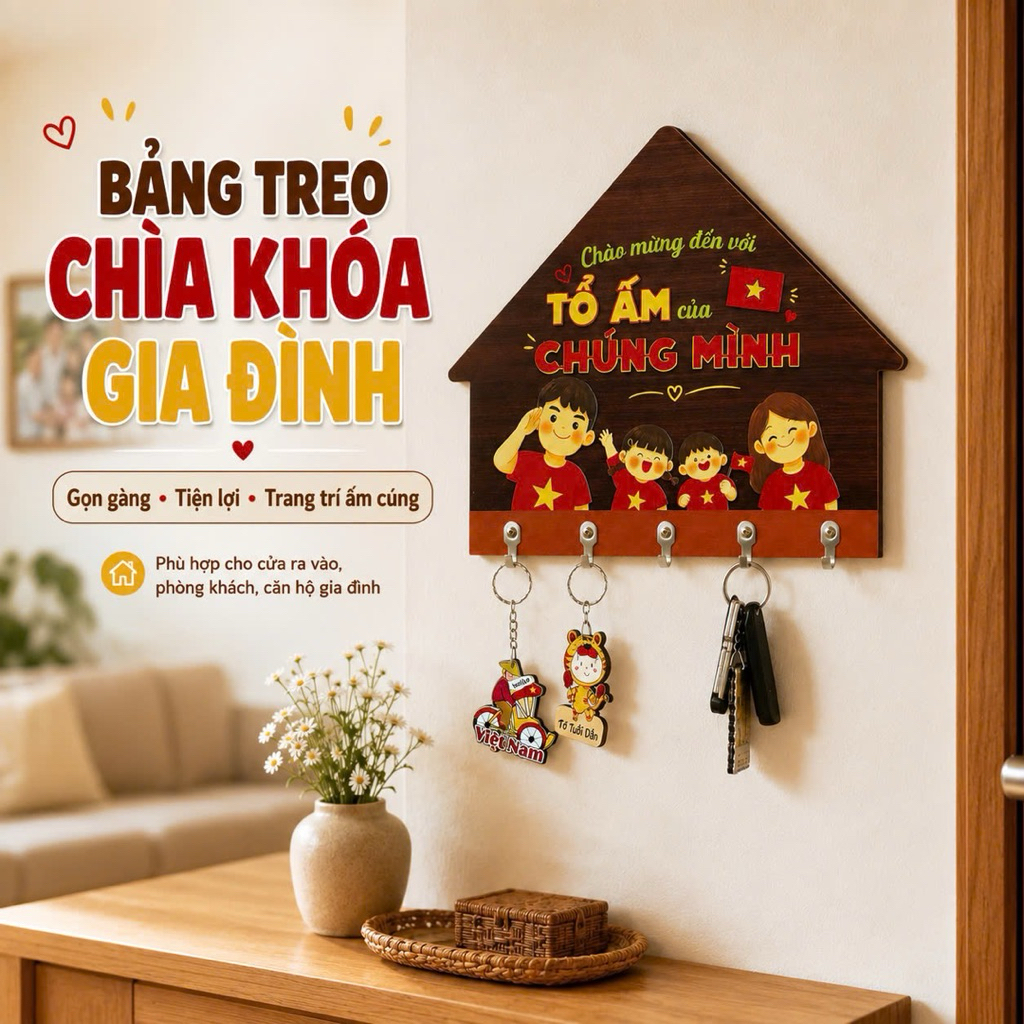 Bảng Gỗ Decor Trang Trí Gia Đình Có Móc Treo Chìa Khoá