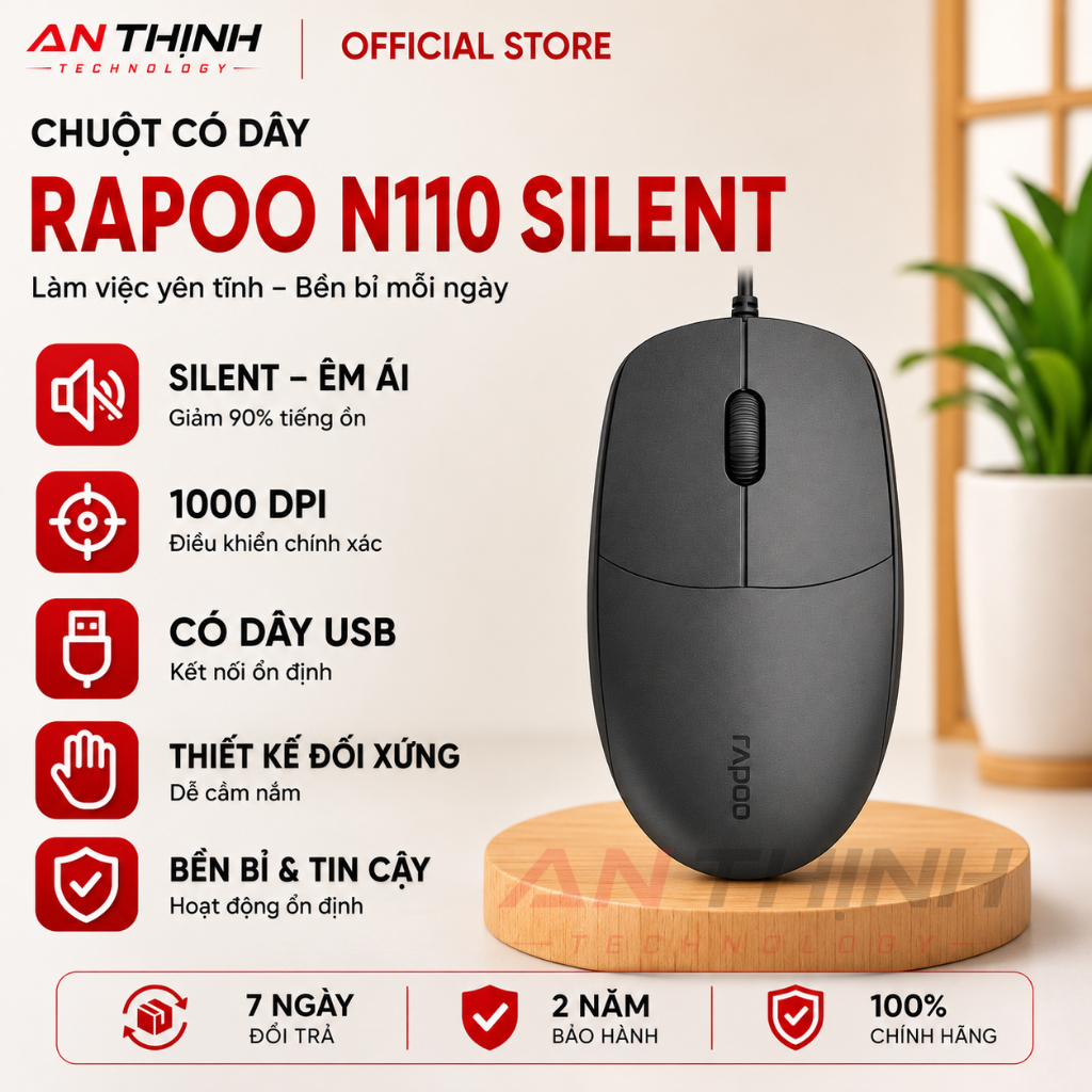 Chuột có dây Rapoo N110 Silent Màu Đen