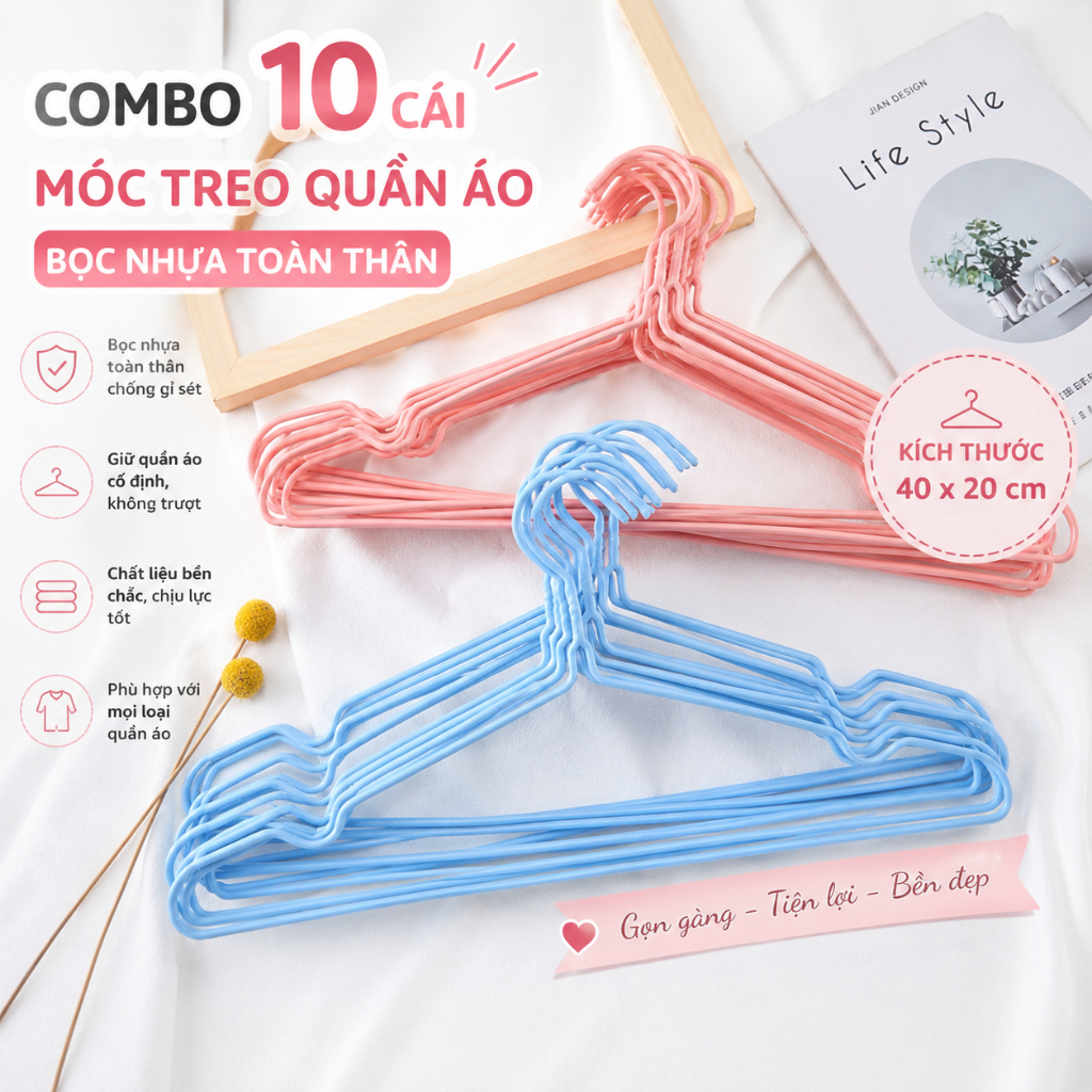 Móc Treo Quần Áo người lớn Bọc Nhựa Toàn Thân – Chống Trượt, Cố Định Quần Áo…