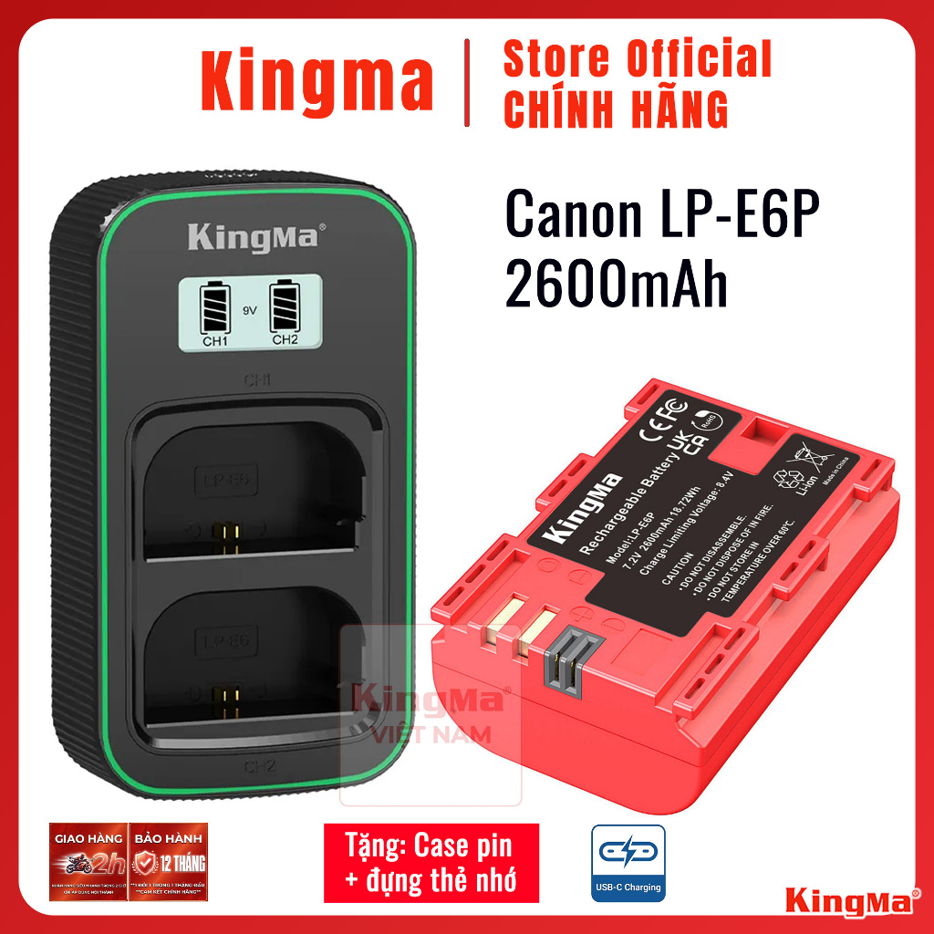 Kingma LP-E6P 2600mAh | Pin và sạc máy ảnh cho Canon EOS R63 R52 R R52 R6 R5 5D2 5D3 5D4 6D 6D2 7D 7