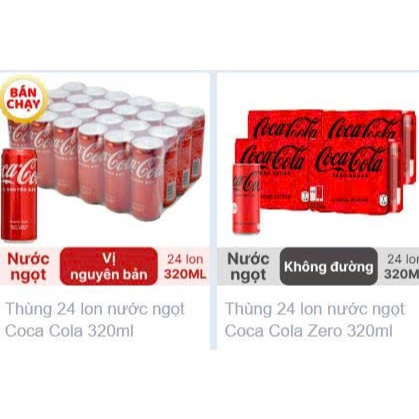 Thùng 24 lon nước ngọt Không Đường Coca Cola Zero/coca nguyên bản 320ml