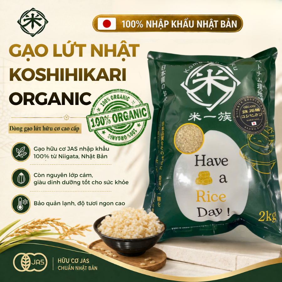 Gạo Lứt Nhật Nhập Khẩu Niigata Koshihikari Organic 2kg  –Brown Rice Cao Cấp Dẻo Mềm, Ngọt Cơm, Dễ Ăn