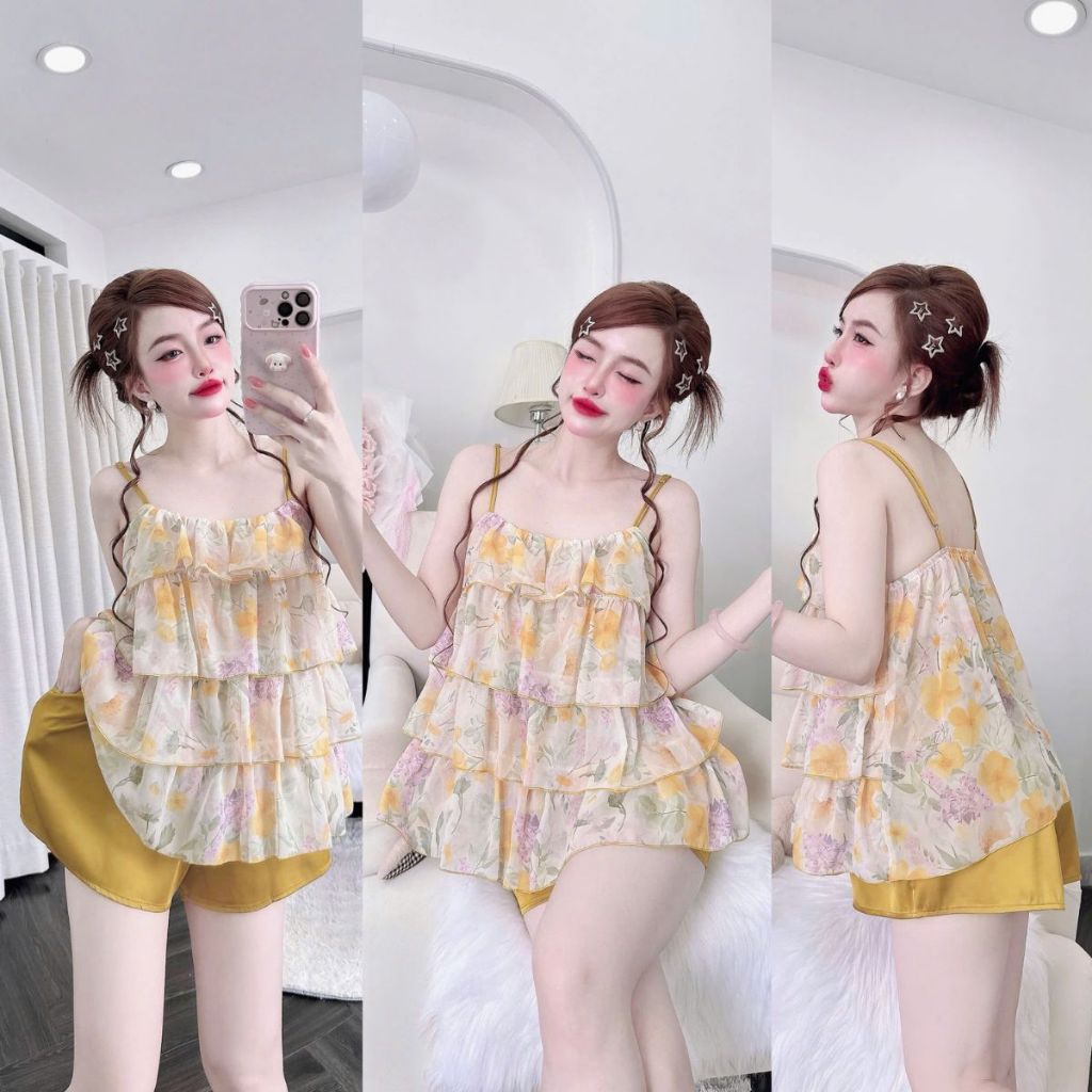 Đồ ngủ sexy BIGSIZE MIKY, Đồ ngủ nữ lụa chiffon phối quần latin cao cấp mềm mại xinh < 80kg M114