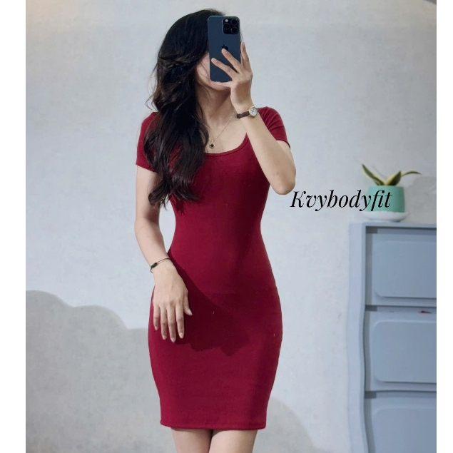 Đầm body cổ vuông tay ngắn siêu hách dáng Kvy D4 chất thun cotton mịn co giãn thích hợp mặc ở nhà đi