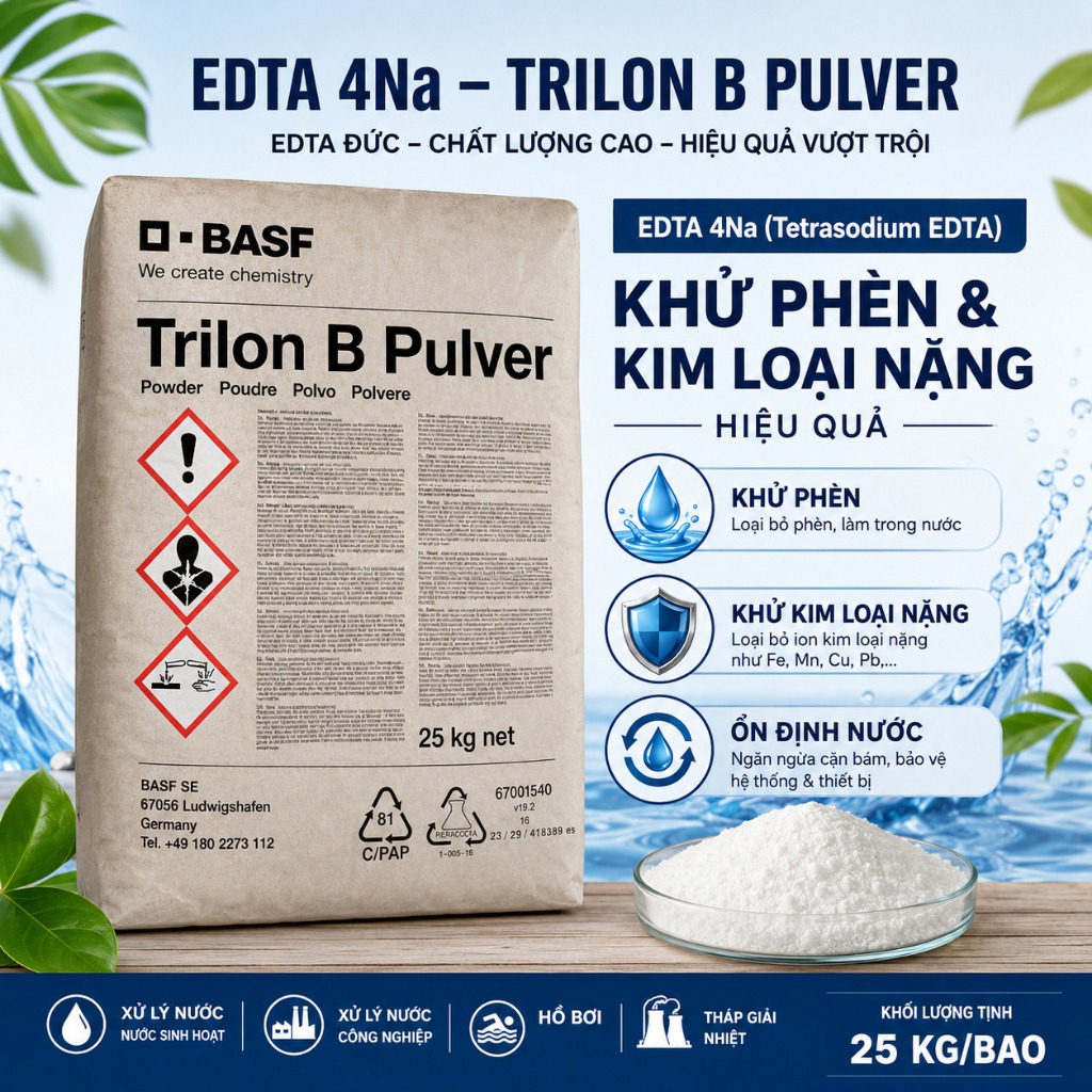 **EDTA 4Na Trilon B Pulver EDTA Đức 25kg/bao - Hóa Chất Khử Phèn, Hấp Phụ Kim Loại Nặng, Xử Lý Nước 