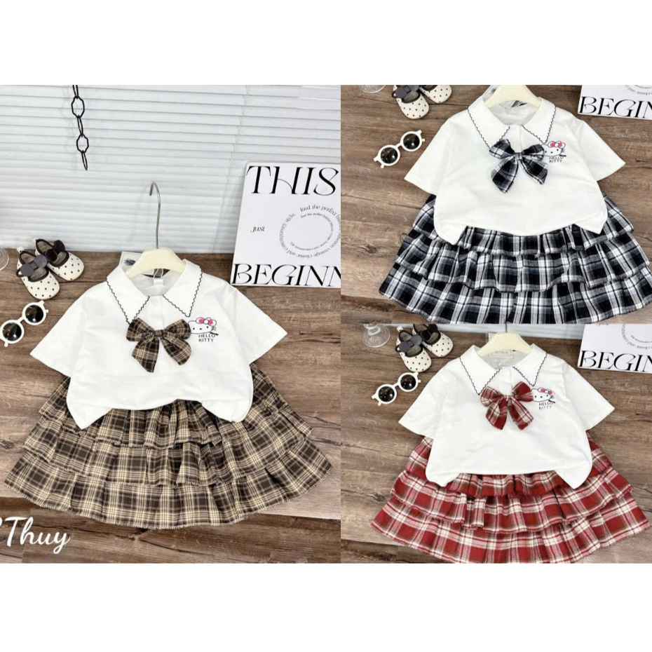Đồng phục học sinh, Đồ bộ bé gái, Set áo nơ trắng cổ tàu mix chân váy xếp ly cho bé đi học, đi chơi 