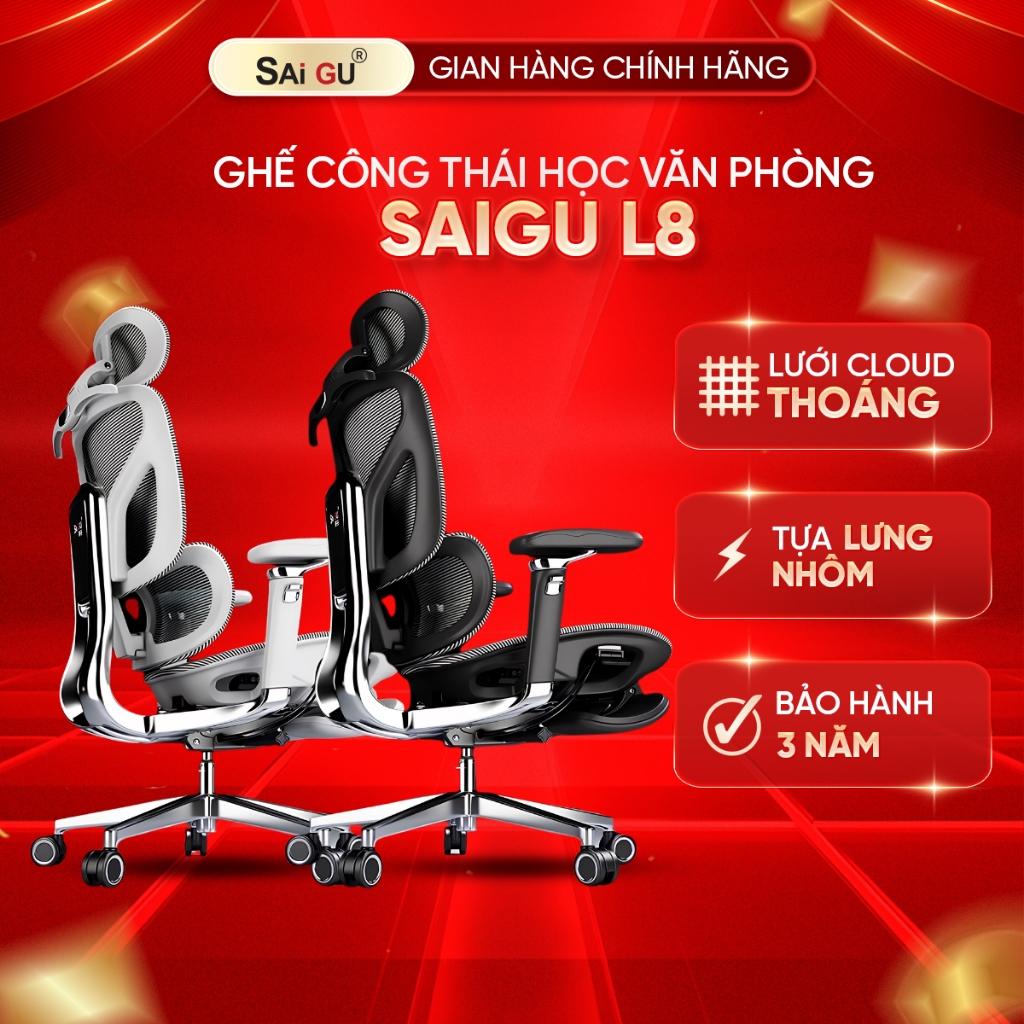 Ghế Công Thái Học Saigu Ares L8 Full Nhôm Chính Hãng - Ngả 160°, Tay Kim Loại 720°, Lưới Cloud, Full VAT, BH 3 Năm