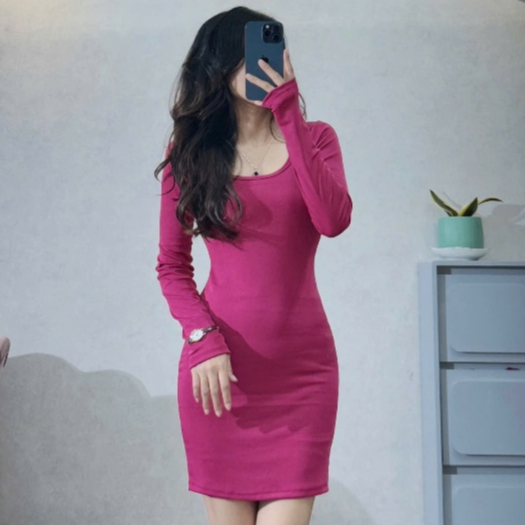Đầm body cổ vuông tay dài phom ngắn chất thun gân co giãn thích hợp mặc đi tiệc đi làm đi chơi KVY D