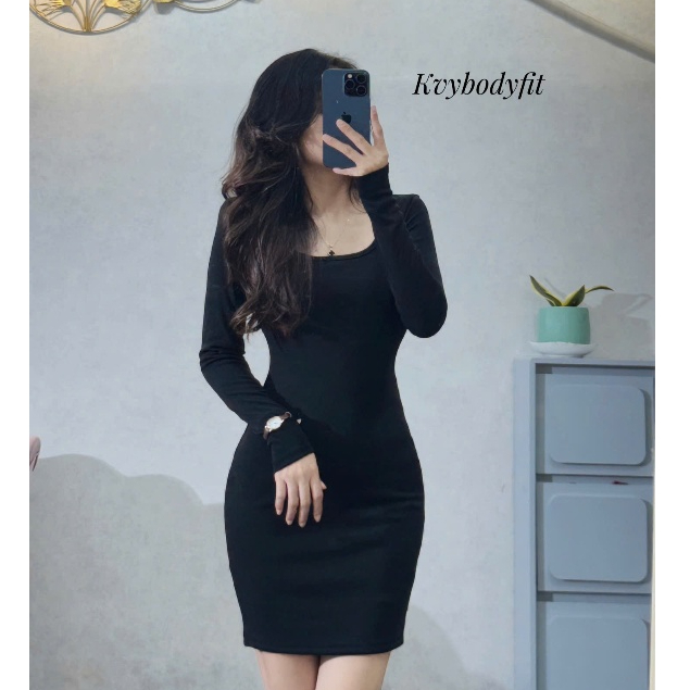 Đầm Body Cổ Vuông Tay Dài Phom Ngắn Chất Thun Borip Thích Hợp Mặc Đi Tiệc Đi Làm Đi Chơi KVY D5