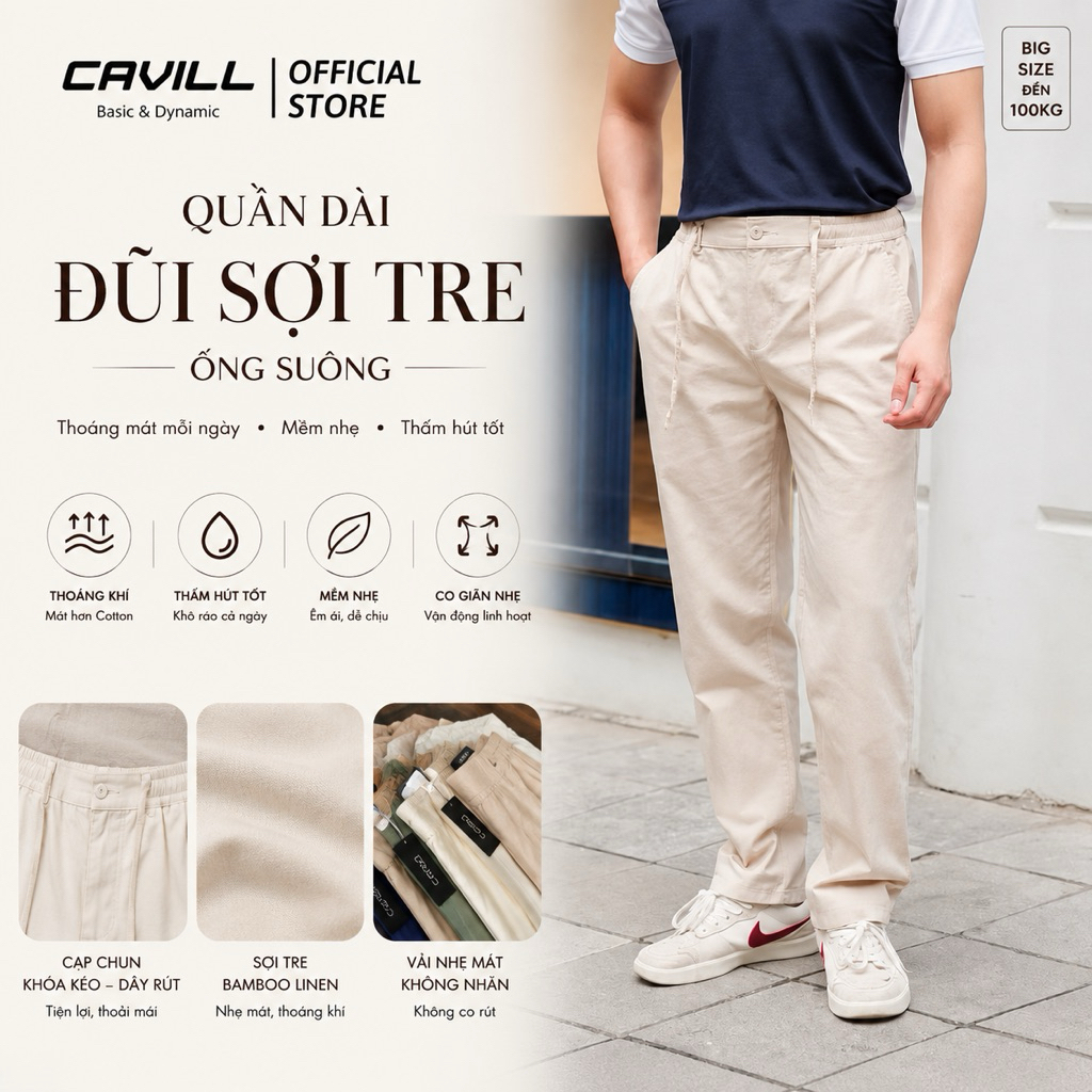 Quần Dài Ống Suông Nam CAVILL. Chất Sợi Tre dày dặn, Form Suông Đứng Ống Rộng Thoải Mái, Phong Cách 