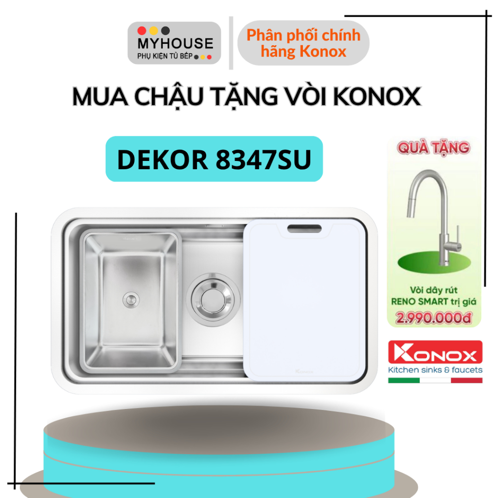Chậu rửa bát Konox KN8347SU Dekor, Bồn rửa chén 1 hố lắp âm kích thước lớn