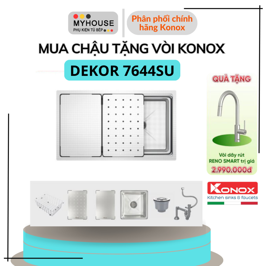 Chậu Konox Dekor 7644SU, Bồn rửa chén inox 1 hố chống xước Konox